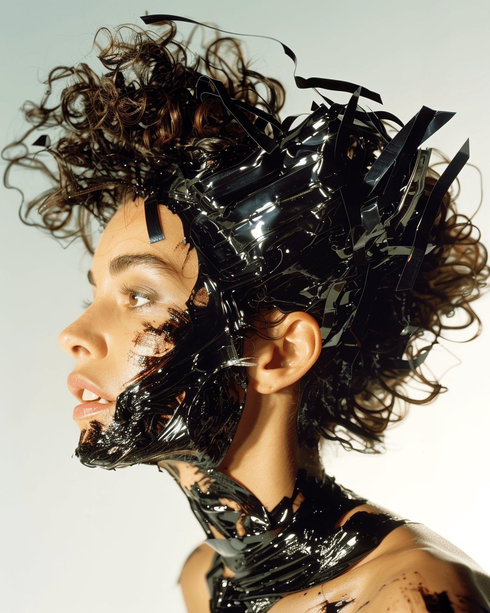 AI generated: A photograph of a woman with half her face covered in black plastic and metal. She has curly hair th...