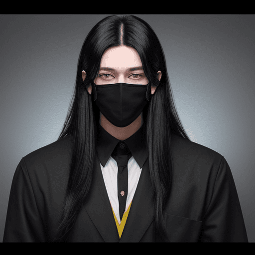 AI generated: mysterious man, 25 years old, long black hairs, yellow eyes emotionless, a mask covering his right e...