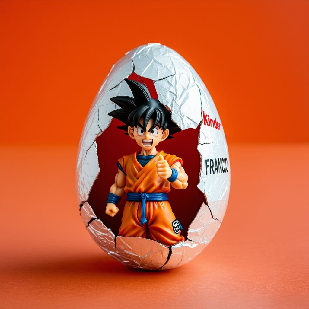 AI generated: Low angle haunted photography of a single large sizable Kinder Surprise egg, with the iconic foil pa...