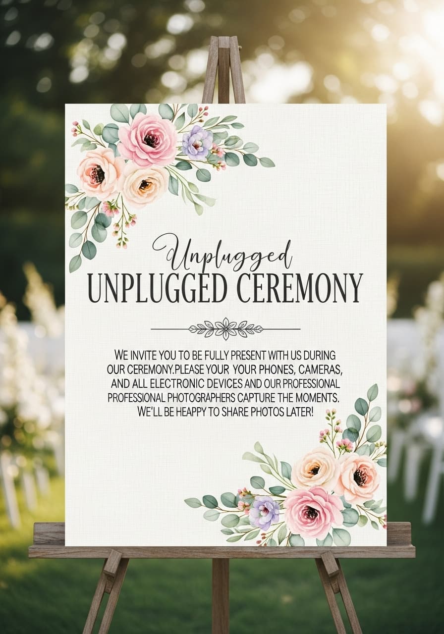 AI generated: An unplugged ceremony wedding sign design with watercolor floral elements