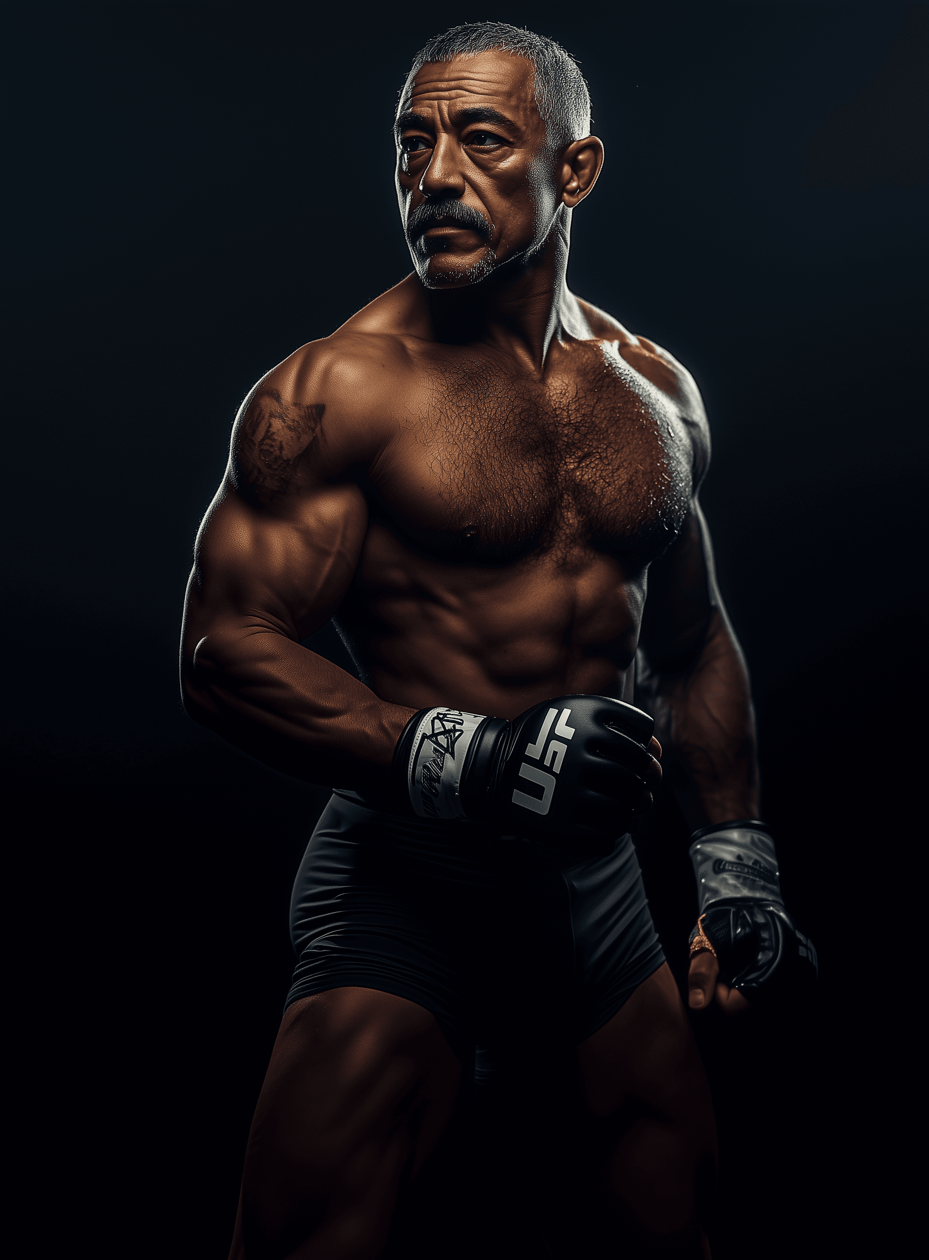 AI generated: A full body photo of Giancarlo Esposito as an UFC fighter with short hair and a mustache. He is faci...