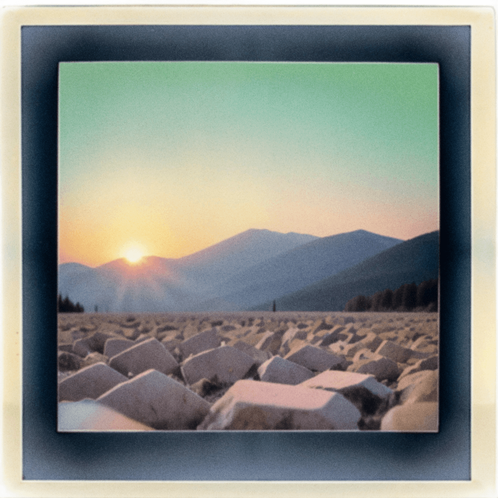 AI generated: a wide, open view of a mountainous region under a clear blue sky, scattered stones in the foreground...