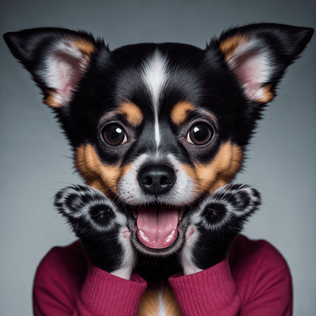 AI generated: a little dog looks shocked (puts his paws on a face), (shocked emotion putting hands on a face),an o...
