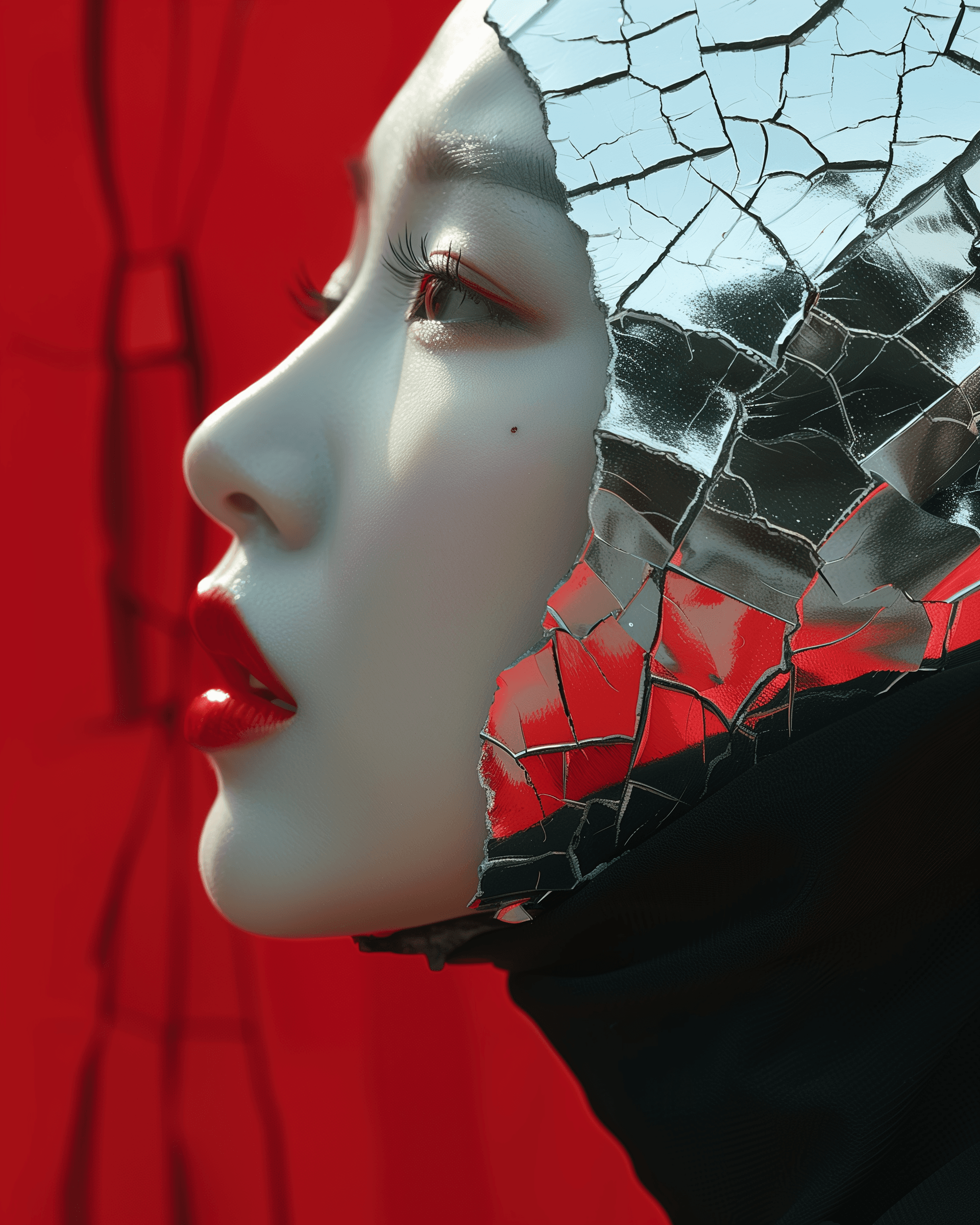 AI generated: A portrait of an Asian woman with porcelain skin, cracked open face showing silver metal underneath,...