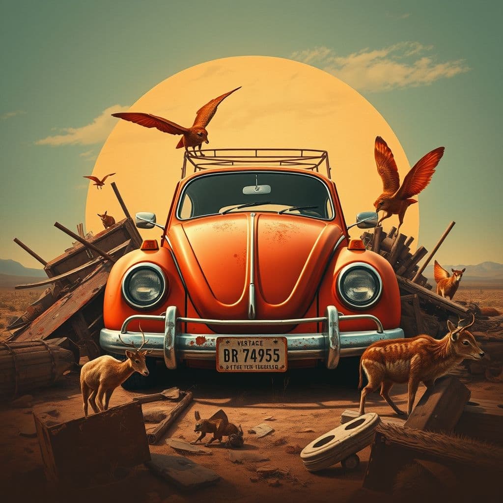 AI generated: Create a vintage poster of a VW Beetle in the style of rustic simplicity, gritty reportage, kombucha...