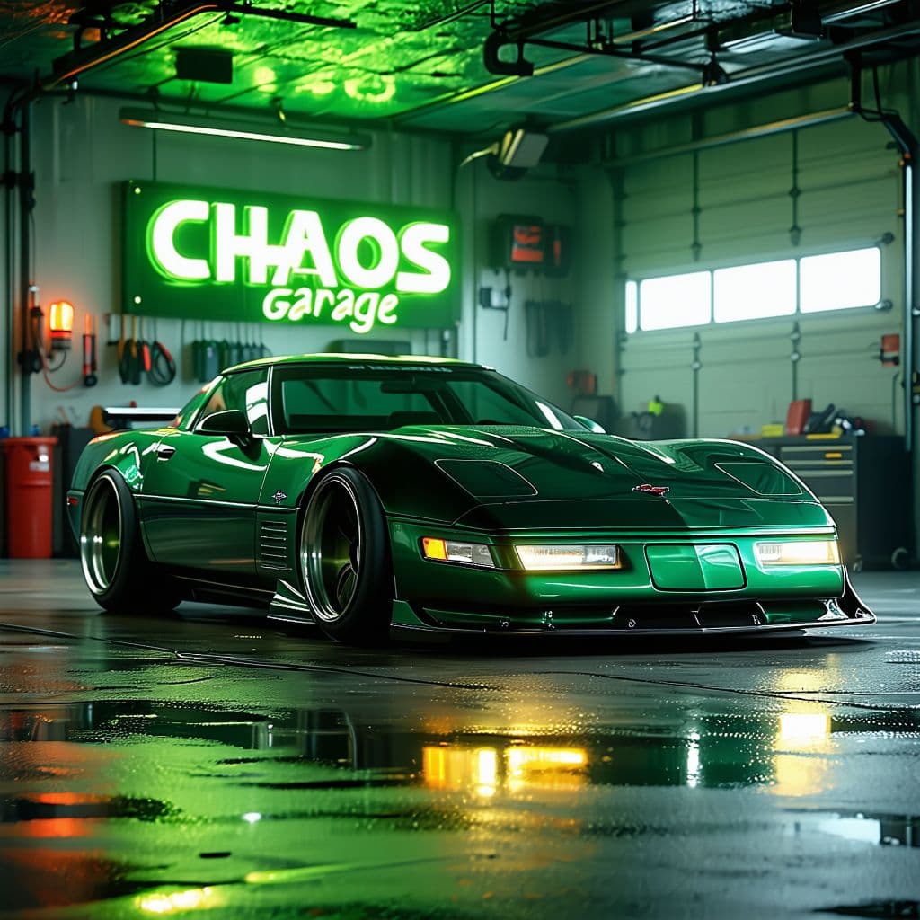 AI generated: General outline of a latest model dark British racing green 2000 lowered corvette
, with glowing hea...