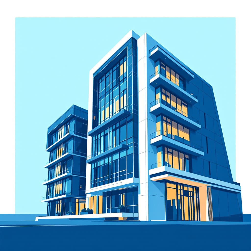 AI generated: clear line vector illustration of a modern building , pronounced colour contrasts, blue and white co...
