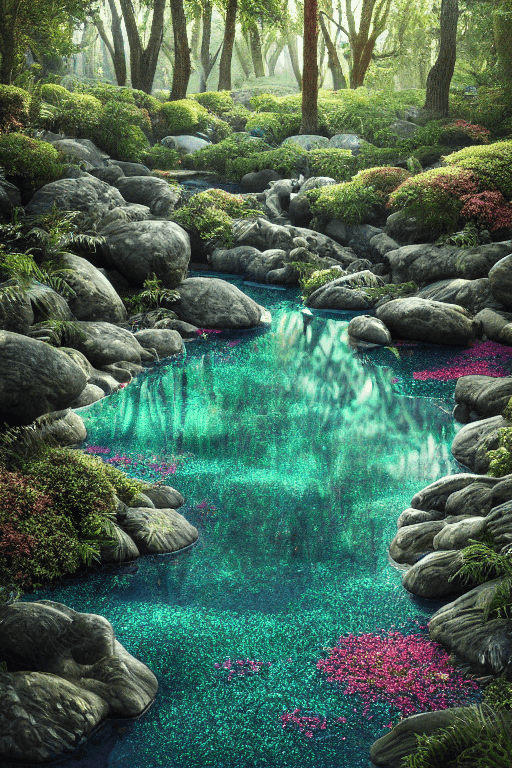 AI generated: Relaxing Forest flower crystals::4 emitting glitter garden landscape with pool of clear water and „b...