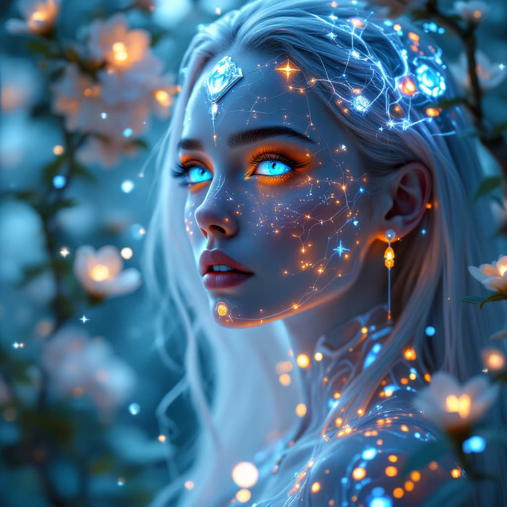 AI generated: A futuristic ethereal woman with glowing neon blue and orange eyes, pale porcelain skin, and silver-...