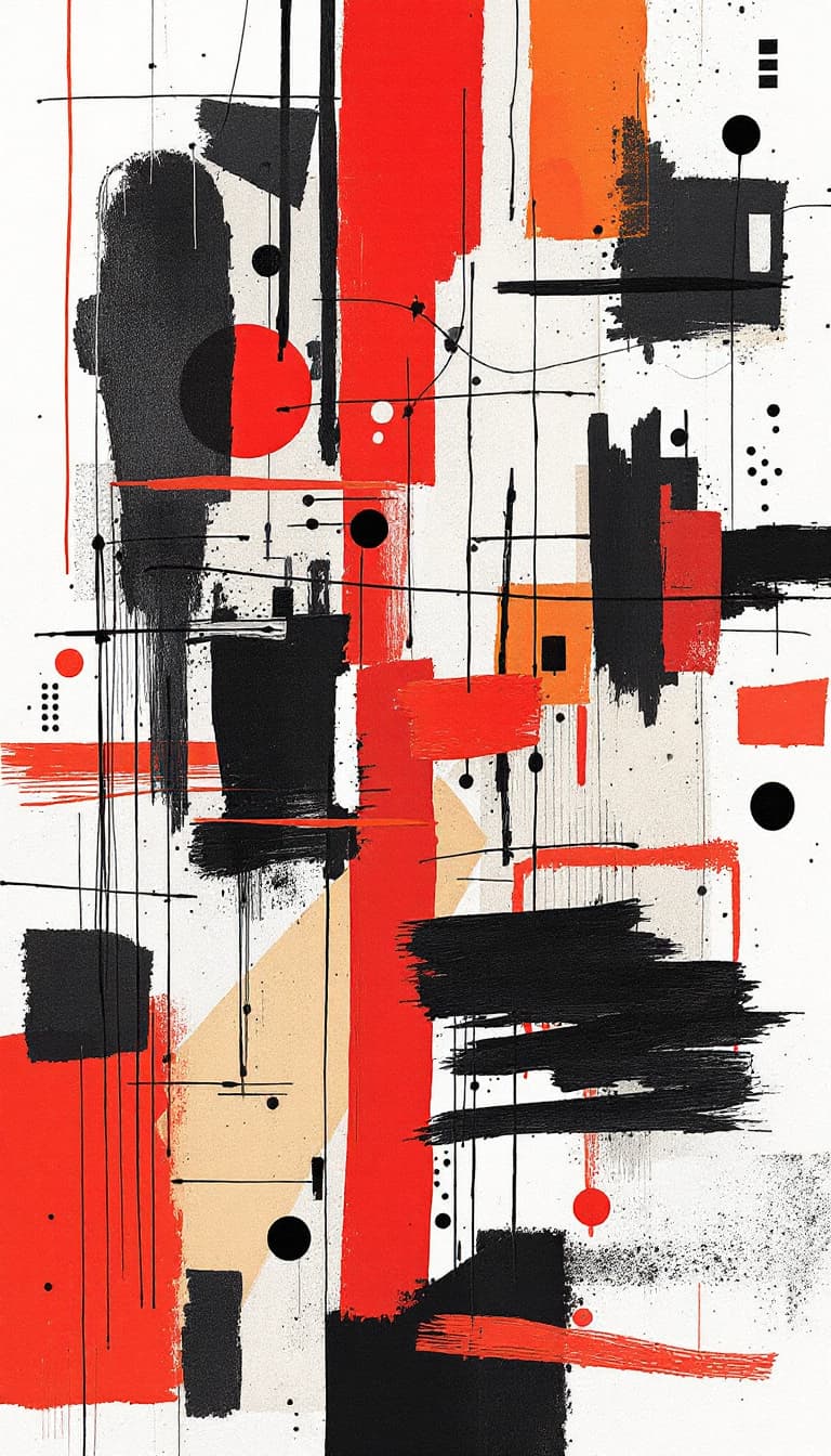 AI generated: A collage of various abstract shapes and lines, with red accents, on white paper, composition includ...