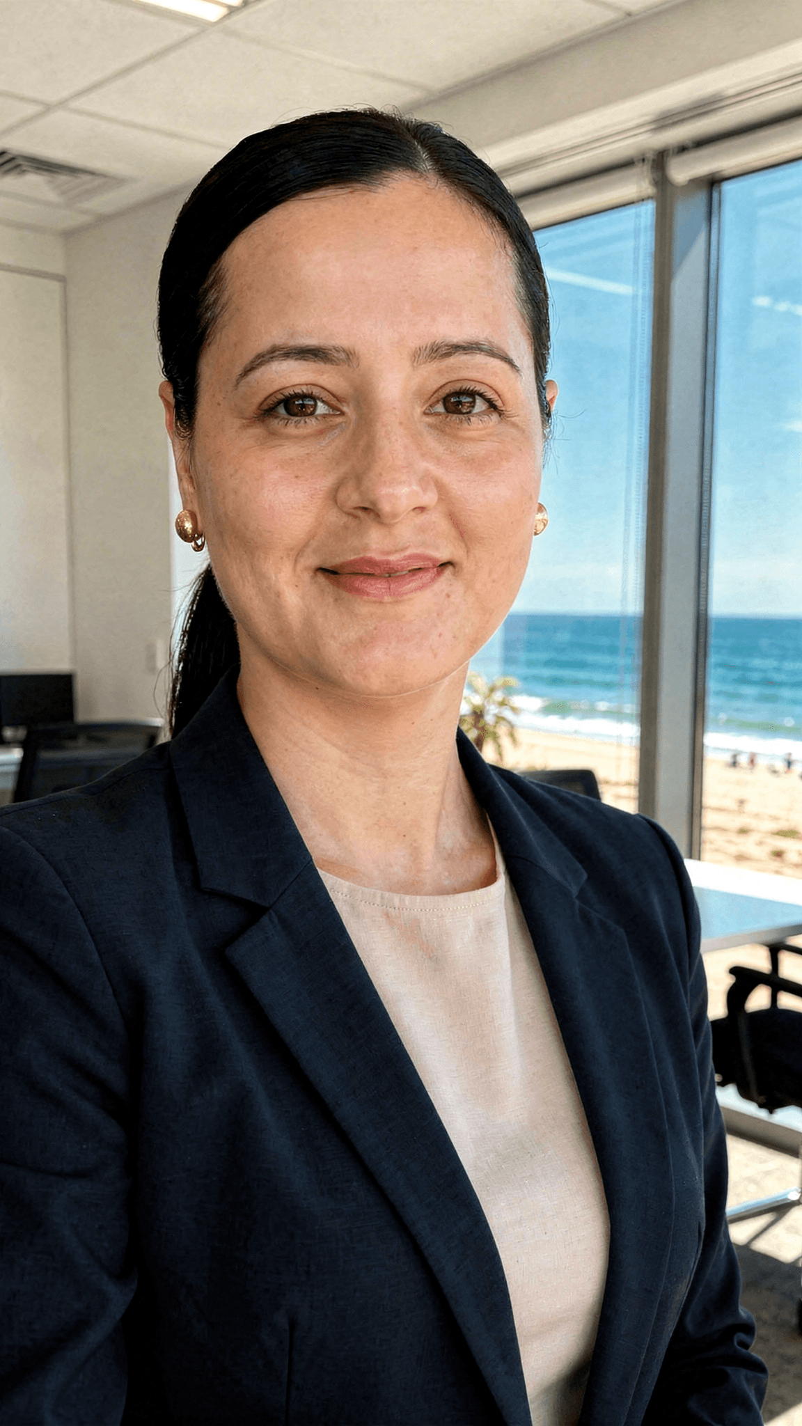 AI generated: generate a LinkedIn professional profile photo, wearing a beautiful navy blue blazer, beautiful offi...
