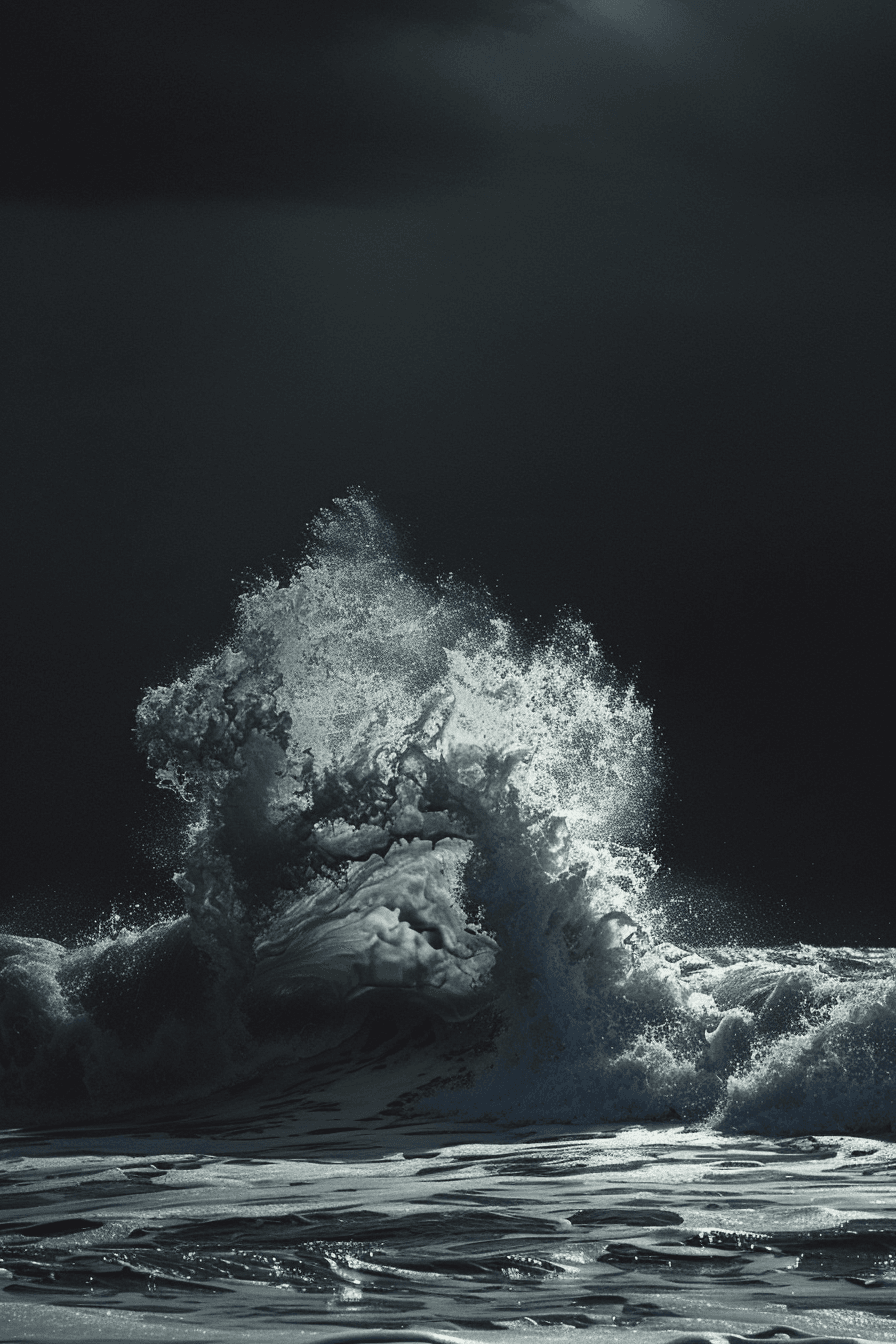 AI generated: a wave crashing against the shore at night, dark sky, dark sea, low angle, photo realistic, --ar 85:...