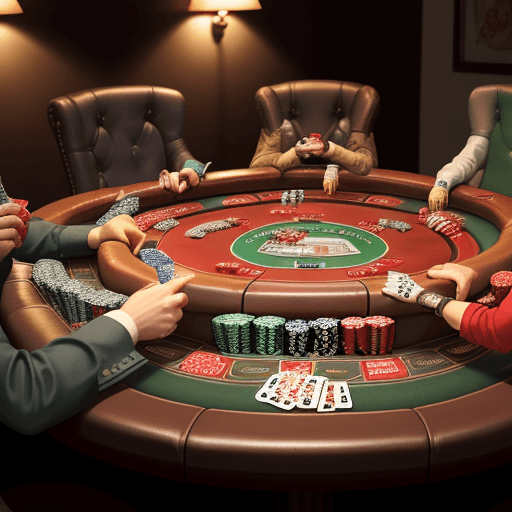 AI generated: a poker table with cards and chips with characters in interesting positions and drinks on table