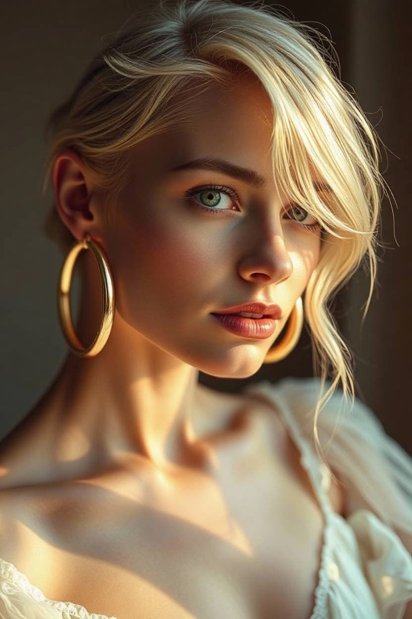 AI generated: "A finely detailed, warm-toned professional photograph of a supermodel with flowing  platinum blonde...