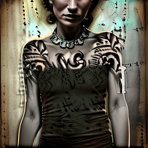 AI generated: A beautiful woman, slender, tribal meets bohemian, tattoos, piercing, bohemian jewelry, modern, text...