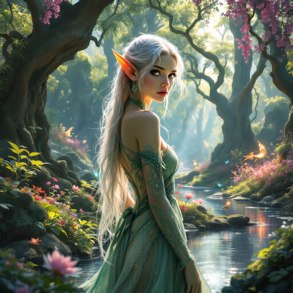 AI generated: Create a stunning and lifelike depiction of a young female elf standing gracefully in a vibrant, enc...