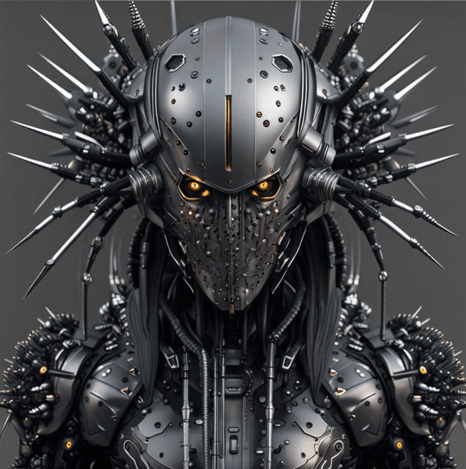 AI generated: full body cyborg, buble Glass helmet Full of spikes, predator, grey Skin full of black blood veins