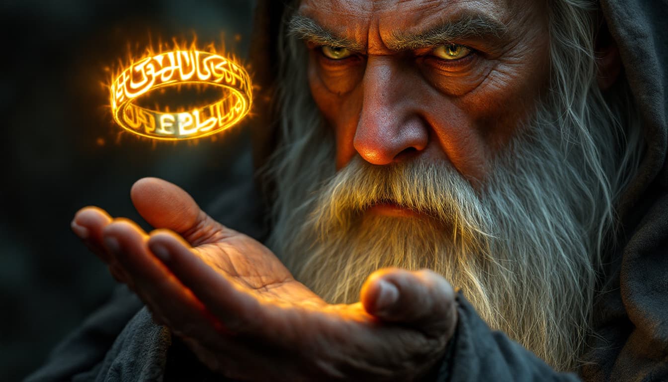 AI generated: A hyperrealistic close-up, half-figure portrait of Gandalf the Grey, his intense gaze focused downwa...