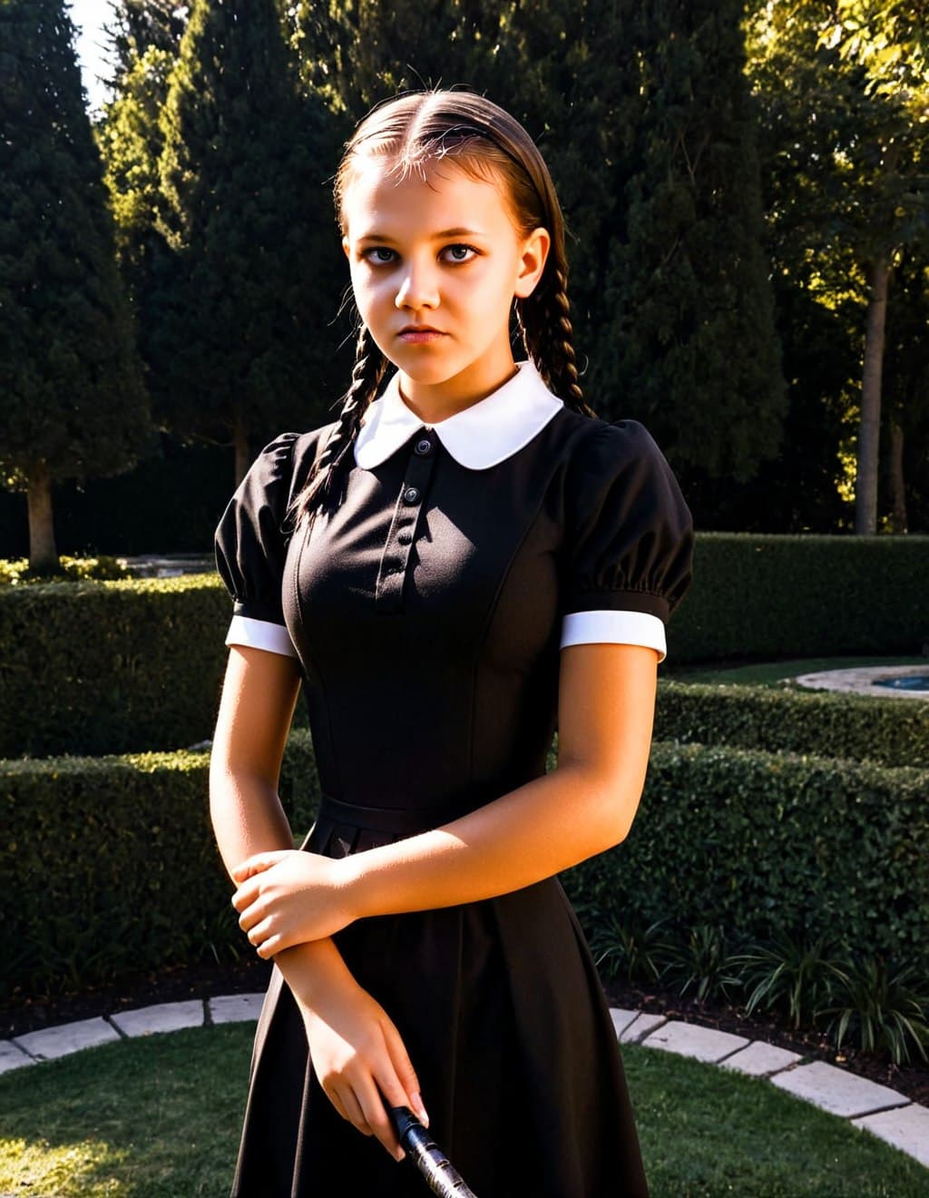 AI generated: (masterpiece, best quality), <lora:wednesday_addams:1.3> ,wednesday_addams, dress, black dress, outd...