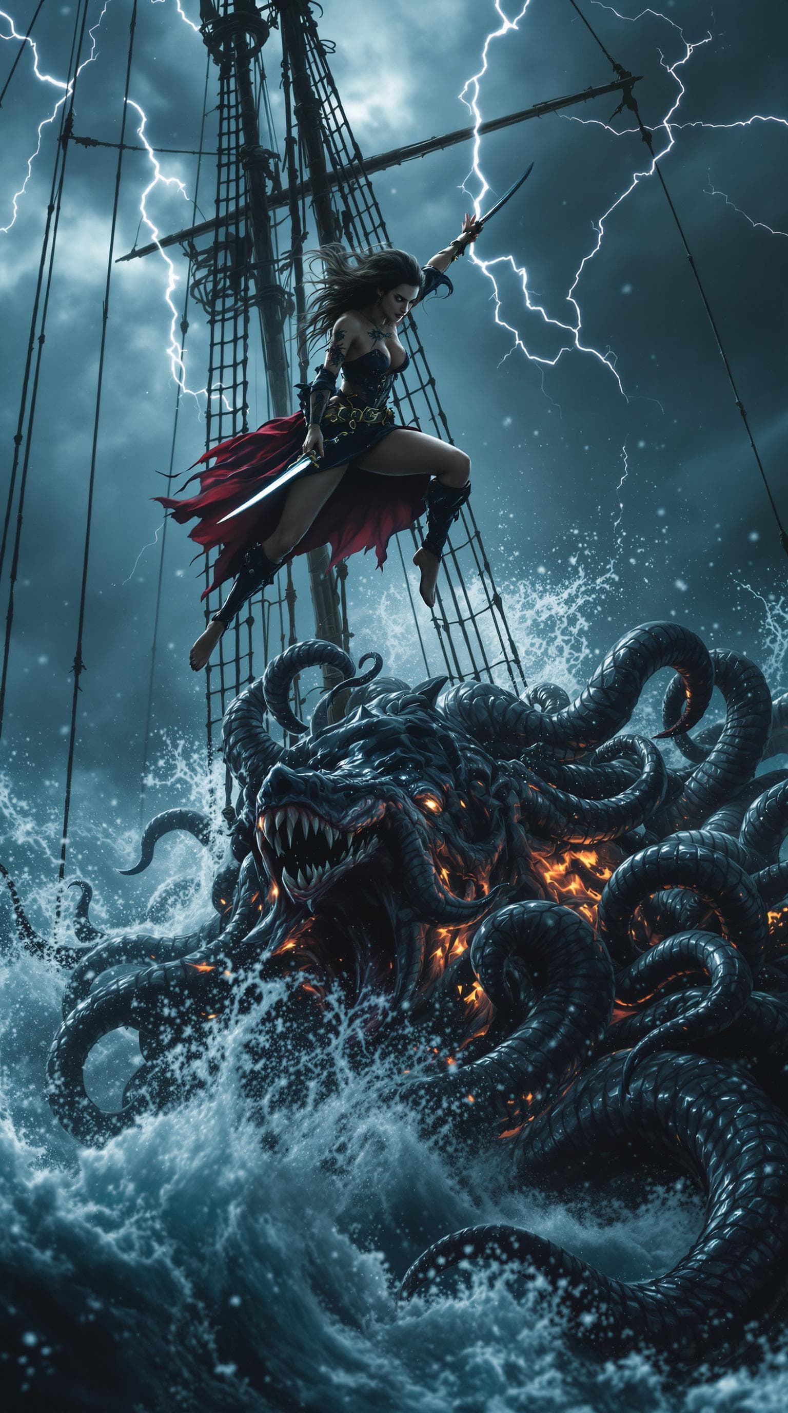 AI generated: Movie quality Side view Action scene: Amidst the tempestuous Caribbean sea, a beautiful but fierce a...