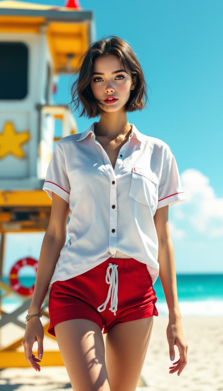 AI generated: A full-body action shot of a girl in a dynamic pose, dressed as a lifeguard wearing a plain white sh...