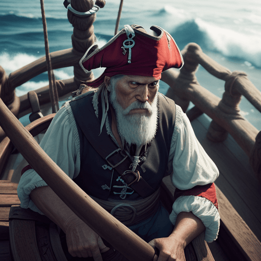 AI generated: high angle photo of an old pirate steering his ship, he is focused, concentrated and searching for n...