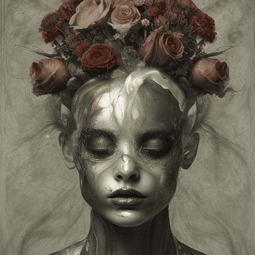 AI generated: a woman with roses on her nose, in the style of made of liquid metal, layered fabrications, nicola s...