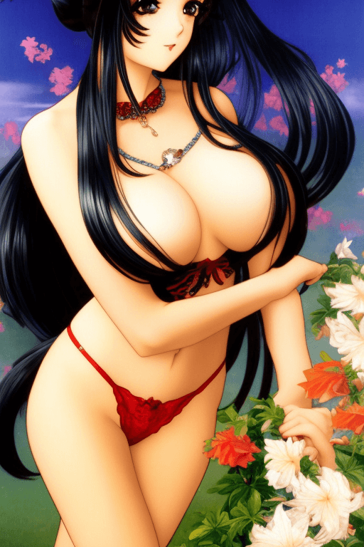 AI generated: anieyes gril with long black hair wearing a red lingerie, a fine art painting by Anne Stokes, (simet...
