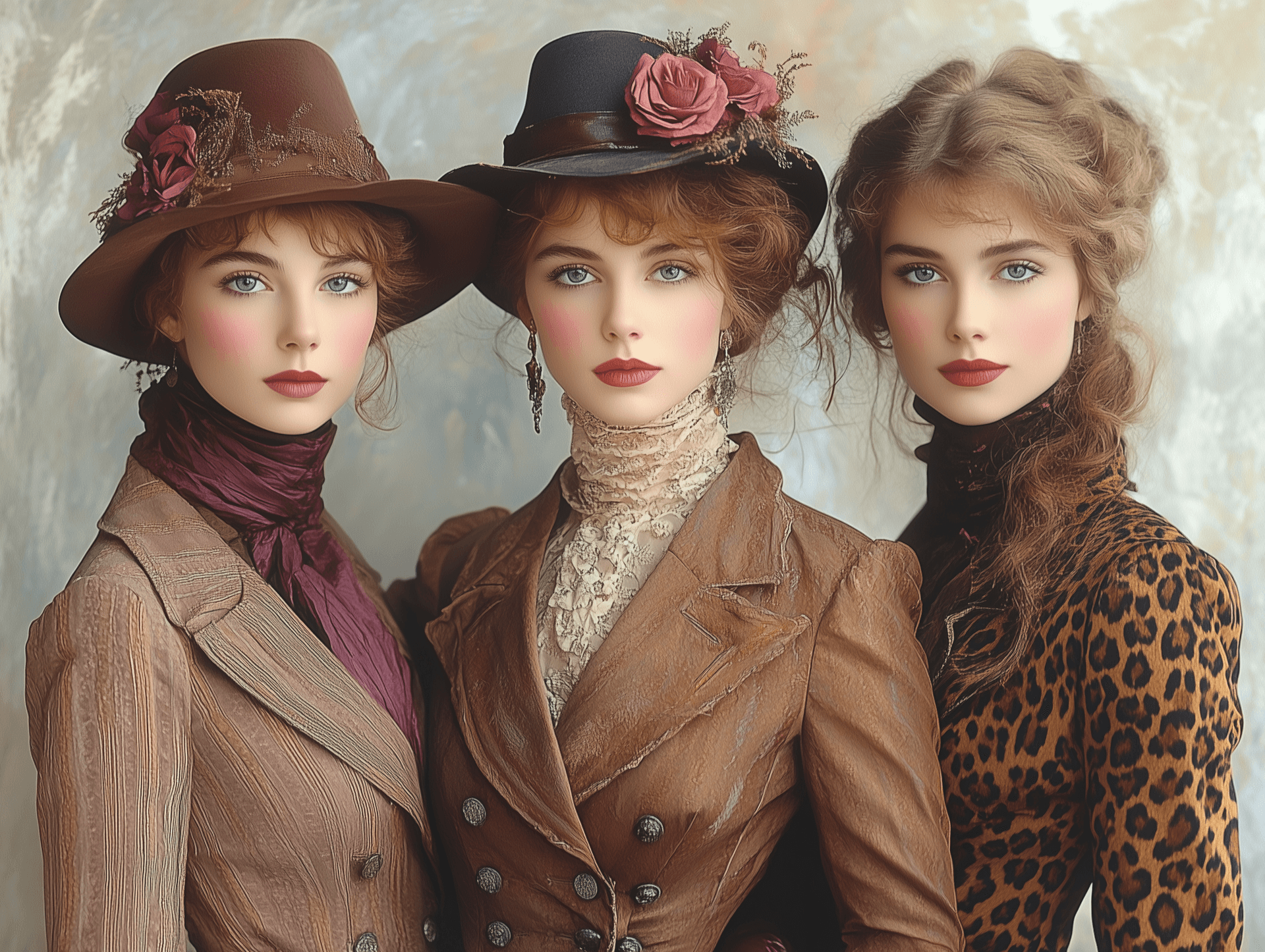 AI generated: Three women in vintage fashion attire, clipart on white background, dressed for the evening with lon...