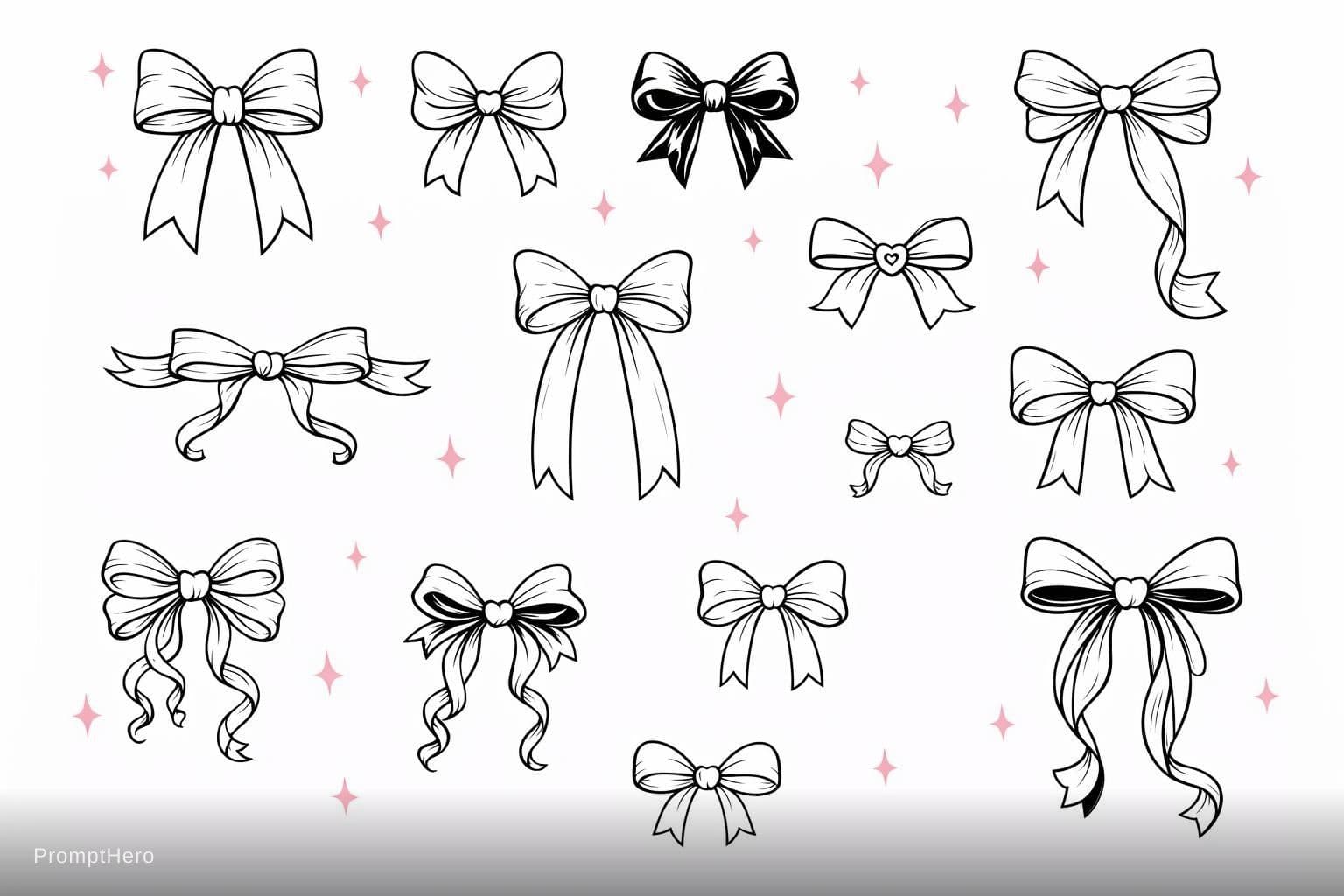 AI generated: "Create a clean black and white vector SVG clipart sheet featuring exactly 10 unique hand-drawn bow ...