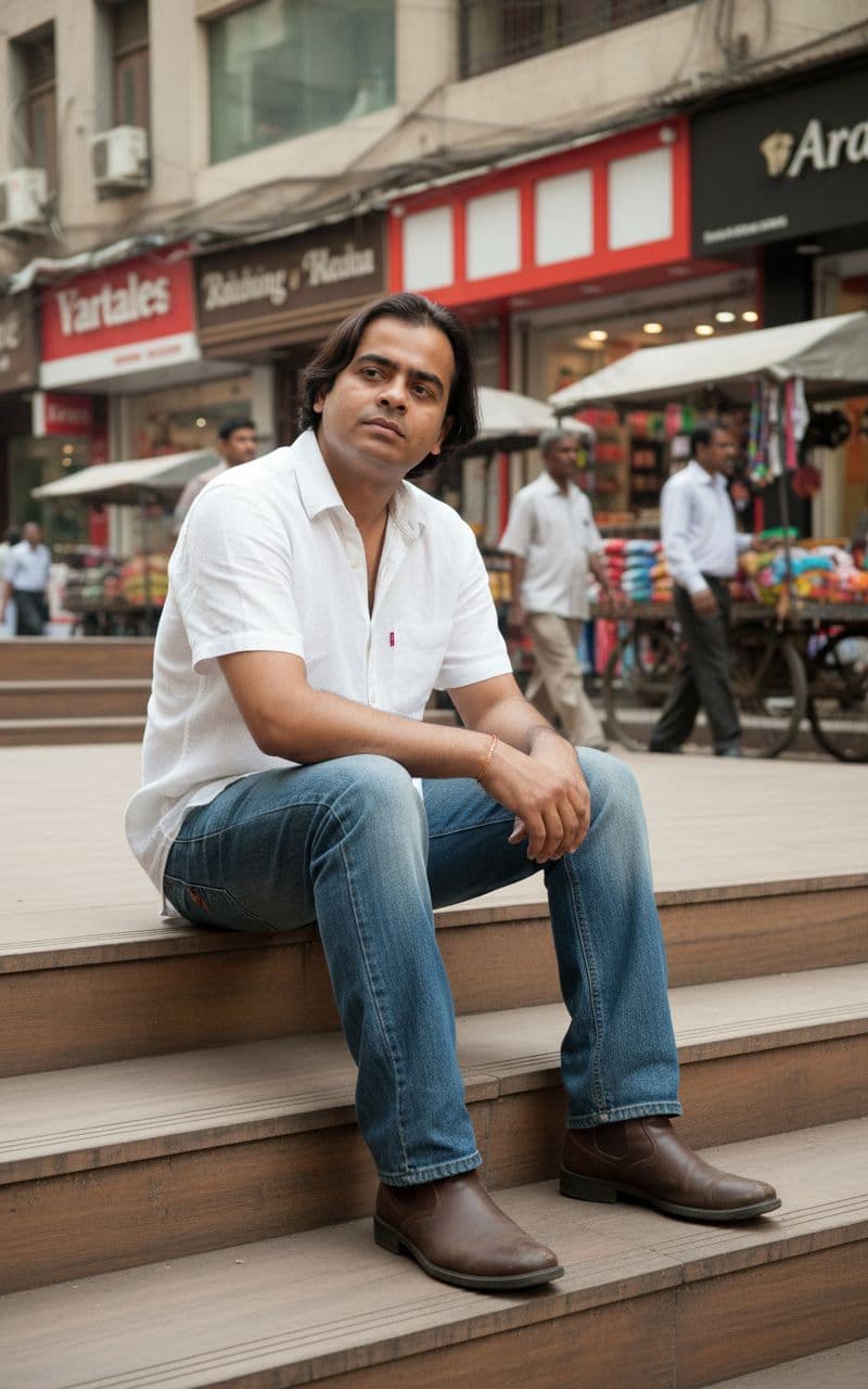 AI generated: Outdoor shot of a man in background of new friends colony cc market( new delhi)  (referencing the up...