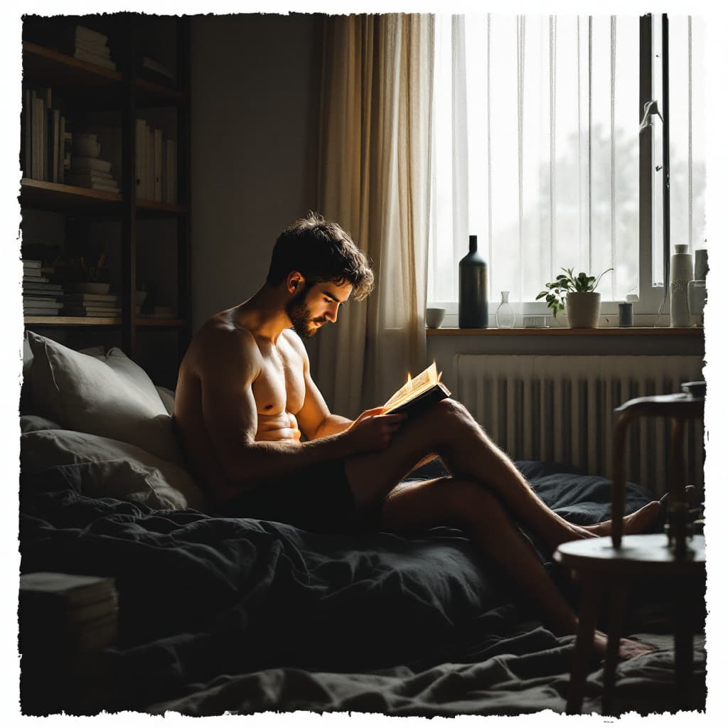 AI generated: A gentleman sitted in a light lighted room on his dark matress, he is in a black short and reading u...
