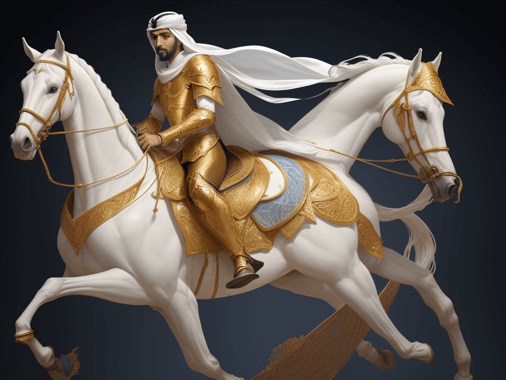 AI generated: an Arabian man in golden armor riding a horse made out of porcelain, in the style of balanced symmet...