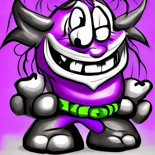 AI generated: Purple demon in cartoon style, handcuffed and smiling