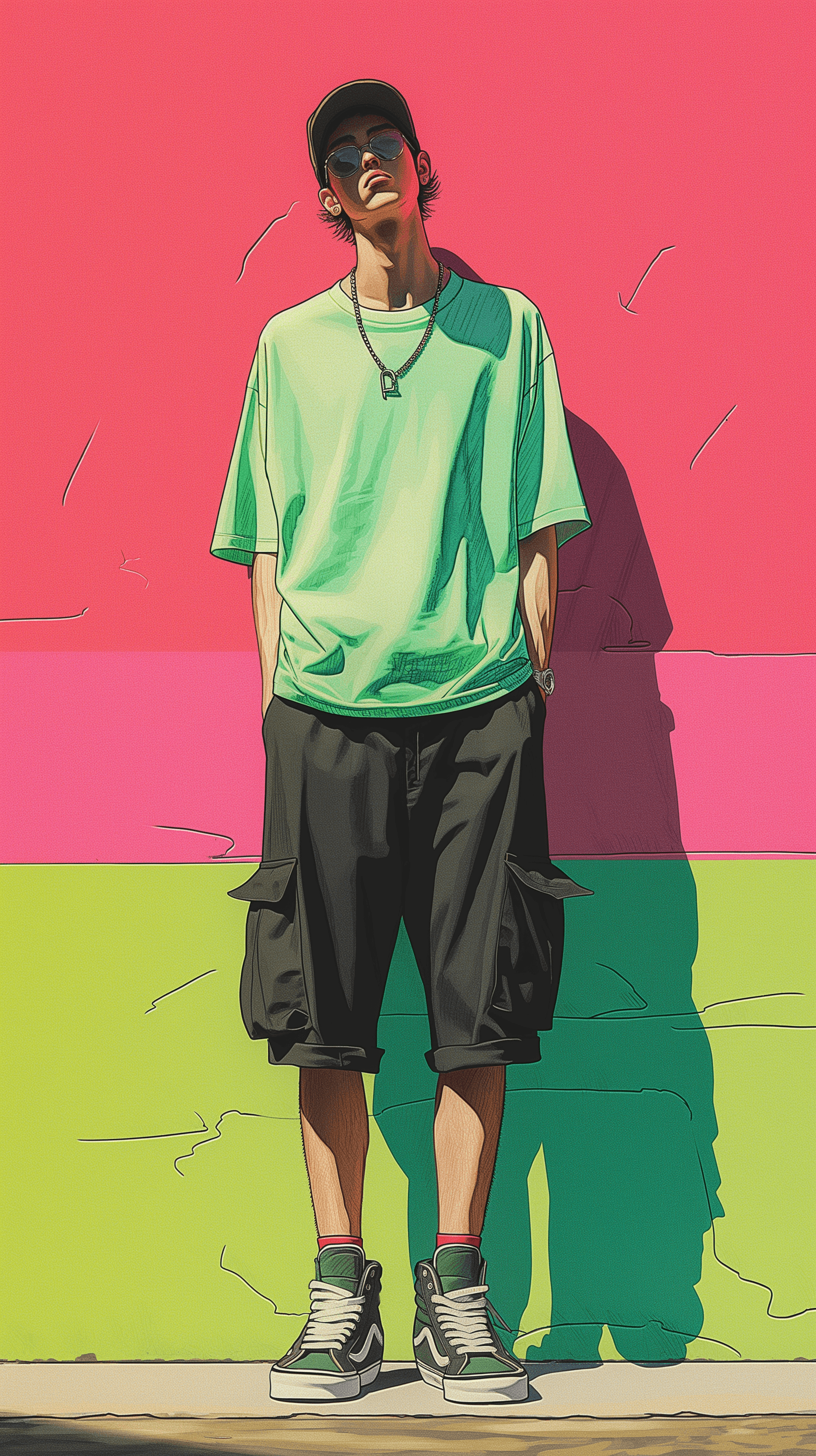 AI generated: illustration, full-body of an man, wearing a mint green color over-fit T-shirt and black capri cargo...