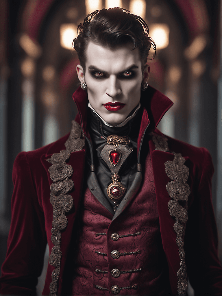 AI generated: a handsome young vampire model, closeup face portrait, detailed face, steampunk, 1800 burgundy velve...