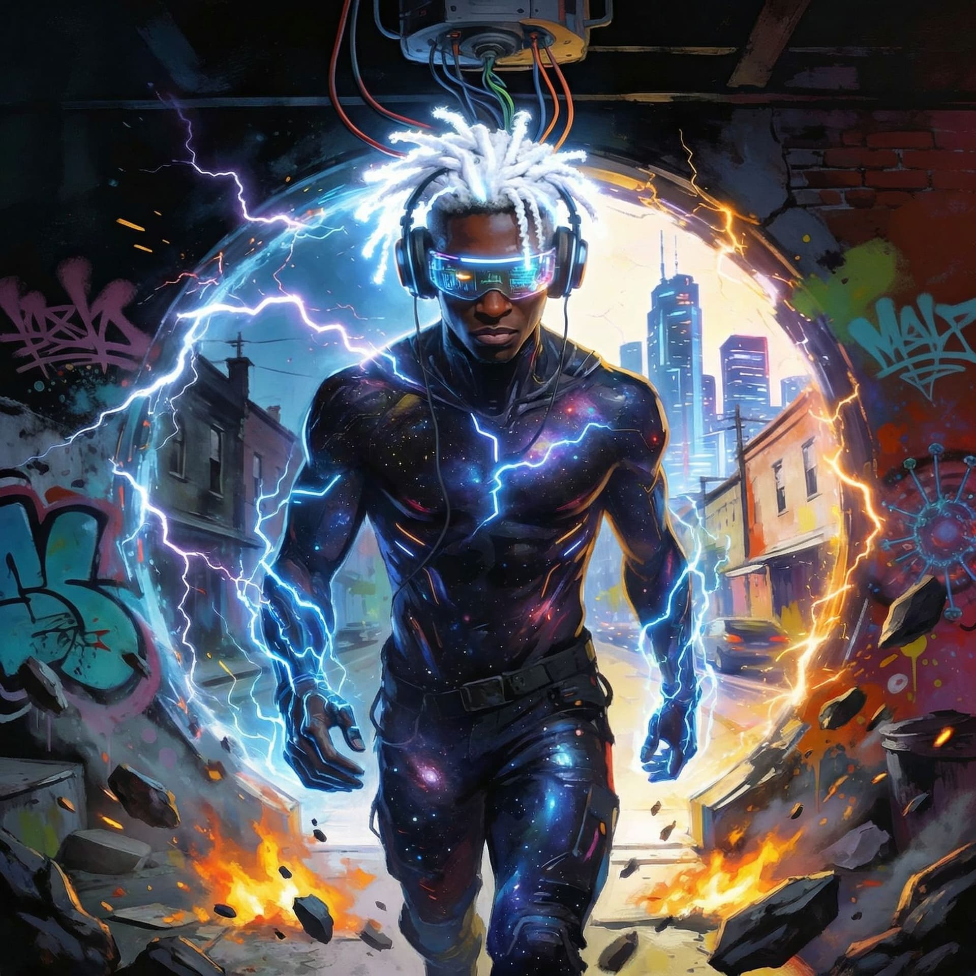 AI generated: front view of a 3d illustrated african american superHERO with white glowing short dreadlocks He wea...