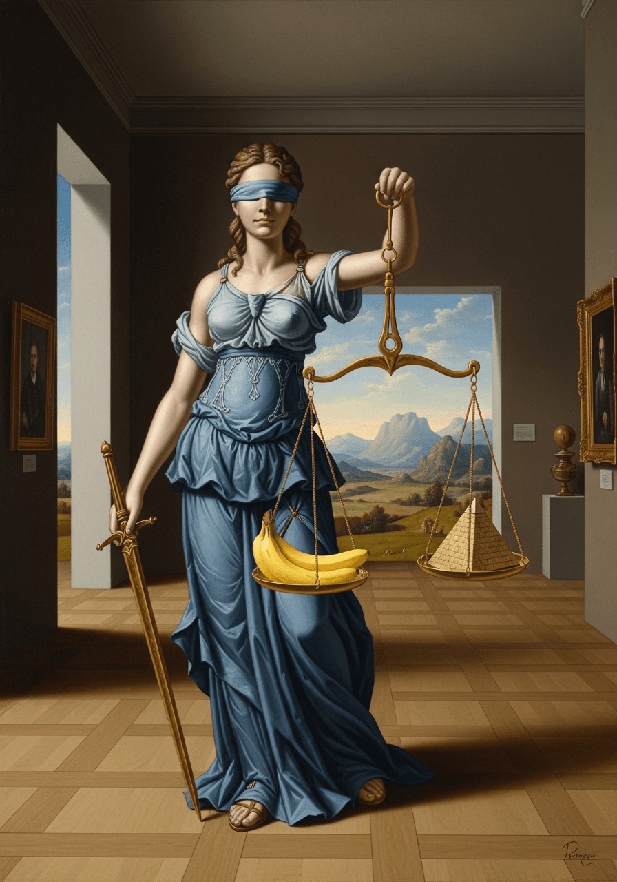 AI generated: A painting in the collaborative style of Joos de Momper and Pieter Jans Saenredam. Lady Justice stan...