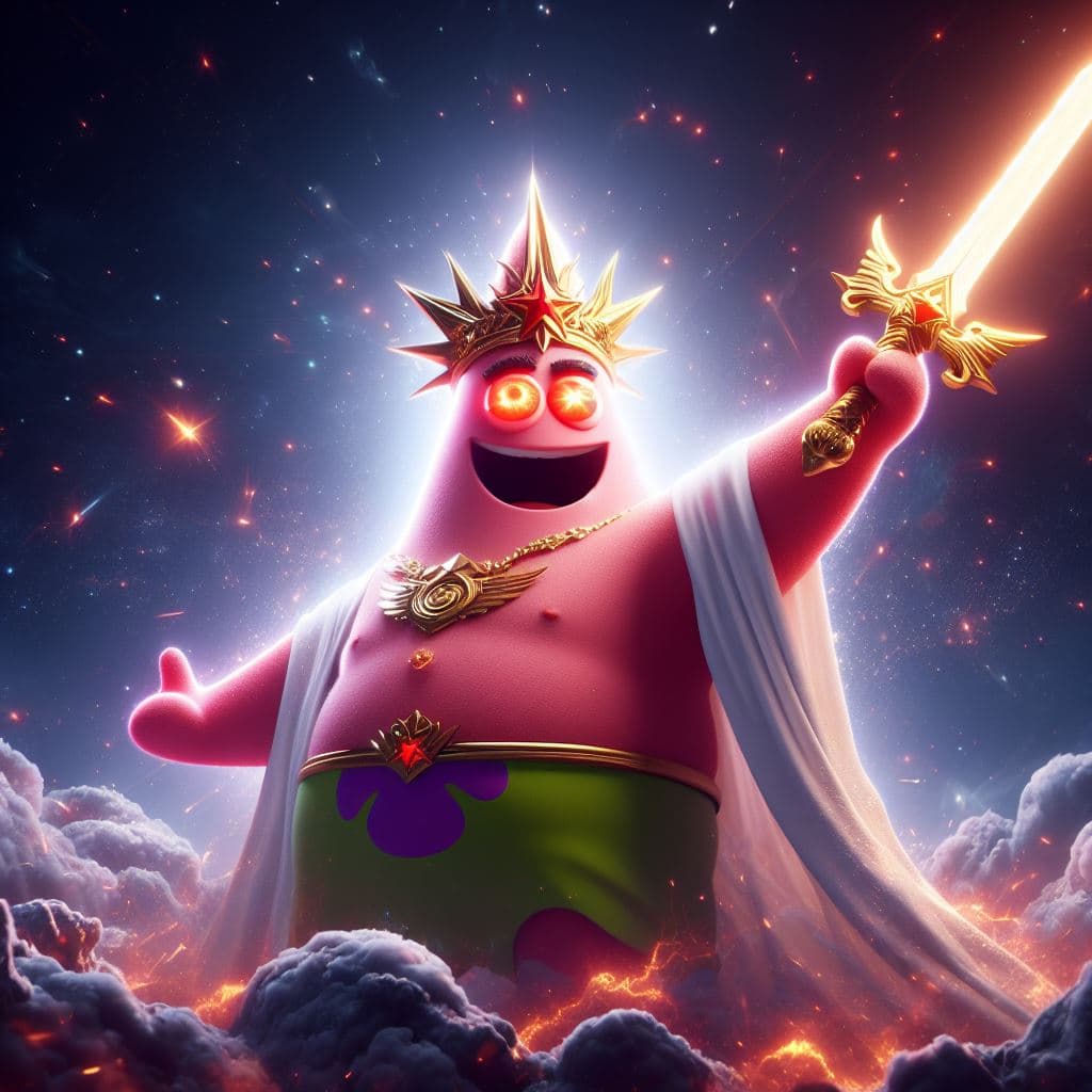 AI generated: Patrick Star is the mightiest god with a sword, red eyes, heroic pose, divine and celestial light, m...