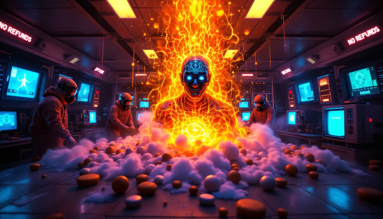 AI generated: Escena:
"Gran angular en un laboratorio clandestino iluminado por pantallas de monitores CRT azules ...