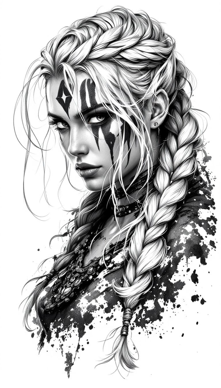 AI generated: black and white drawing of a Viking warrior woman with braided hair, wearing war paint on her face, ...