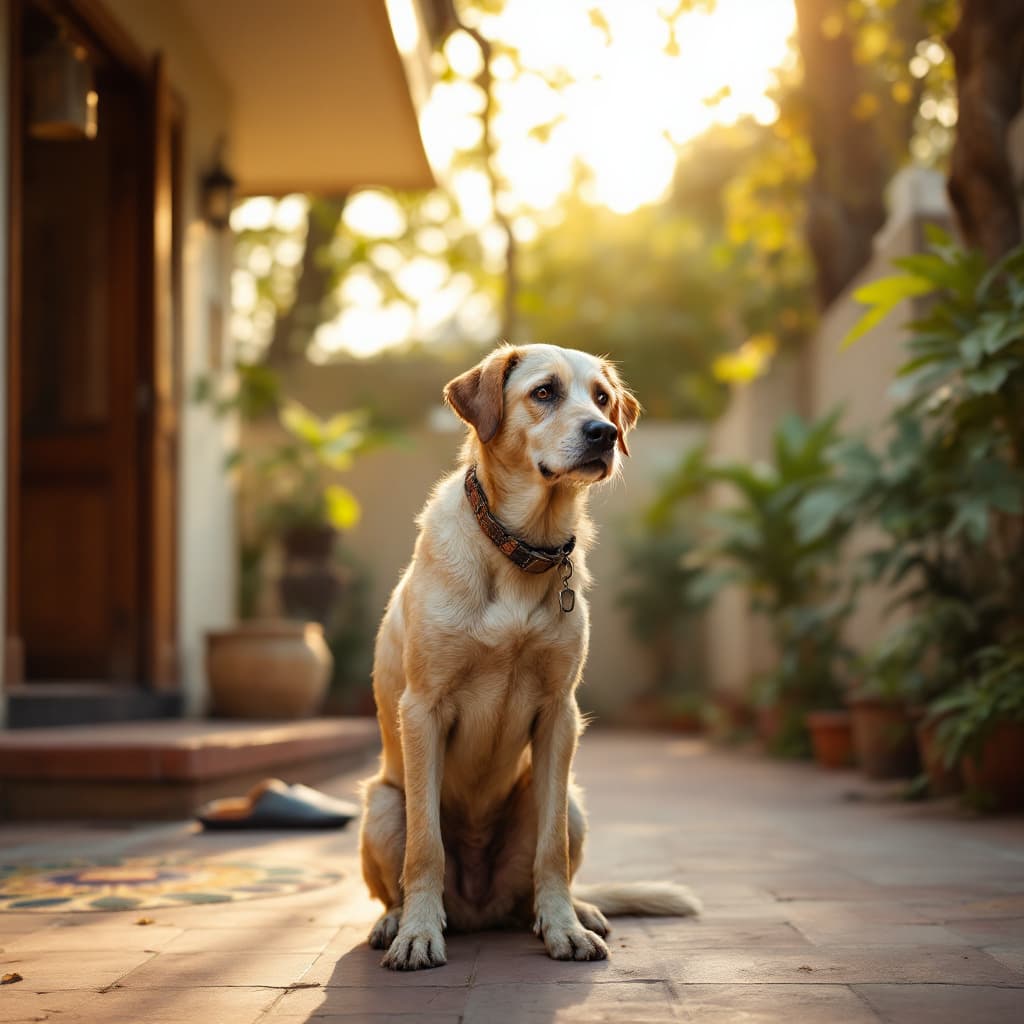 AI generated: A full-body view of a weary, elderly Indian stray dog with a tired yet kind expression standing in a...