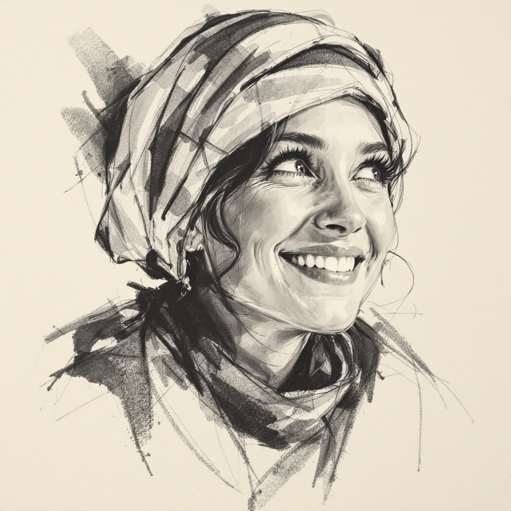 AI generated: Attractive woman, 30s, charcoal sketch, expressive, looking slightly up, wearing a little scarf on h...