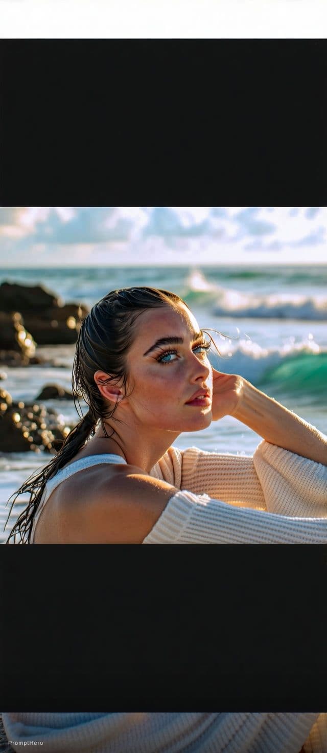 AI generated: A cinematic, photorealistic portrait of a woman relaxing on a sun-drenched tropical beach at golden ...