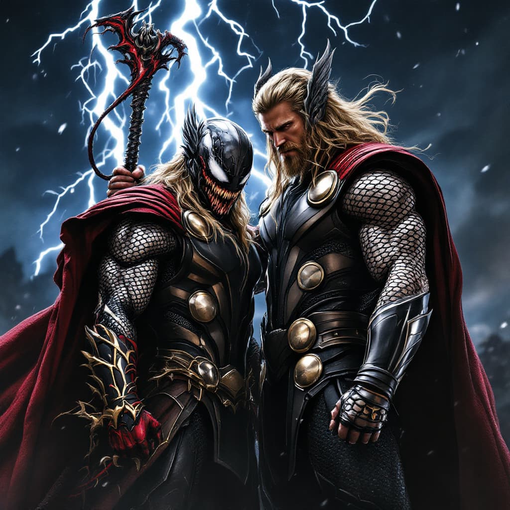 AI generated: a realistic,realworld view of Thor from love and thunder holding the storm breaker and venom standin...