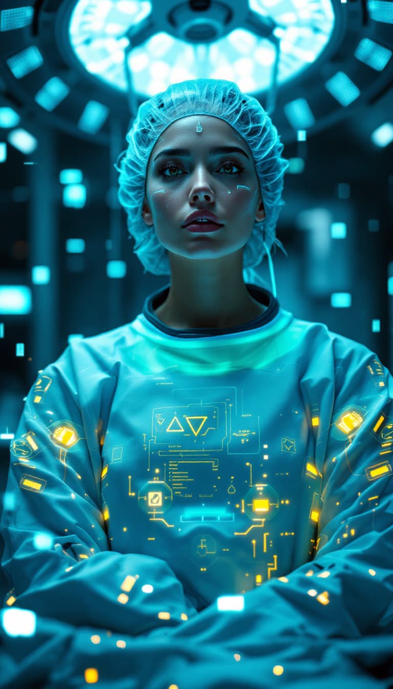 AI generated: Portrait of a futuristic cyberpunk medic, centered, equipped with advanced medical tech, in a steril...