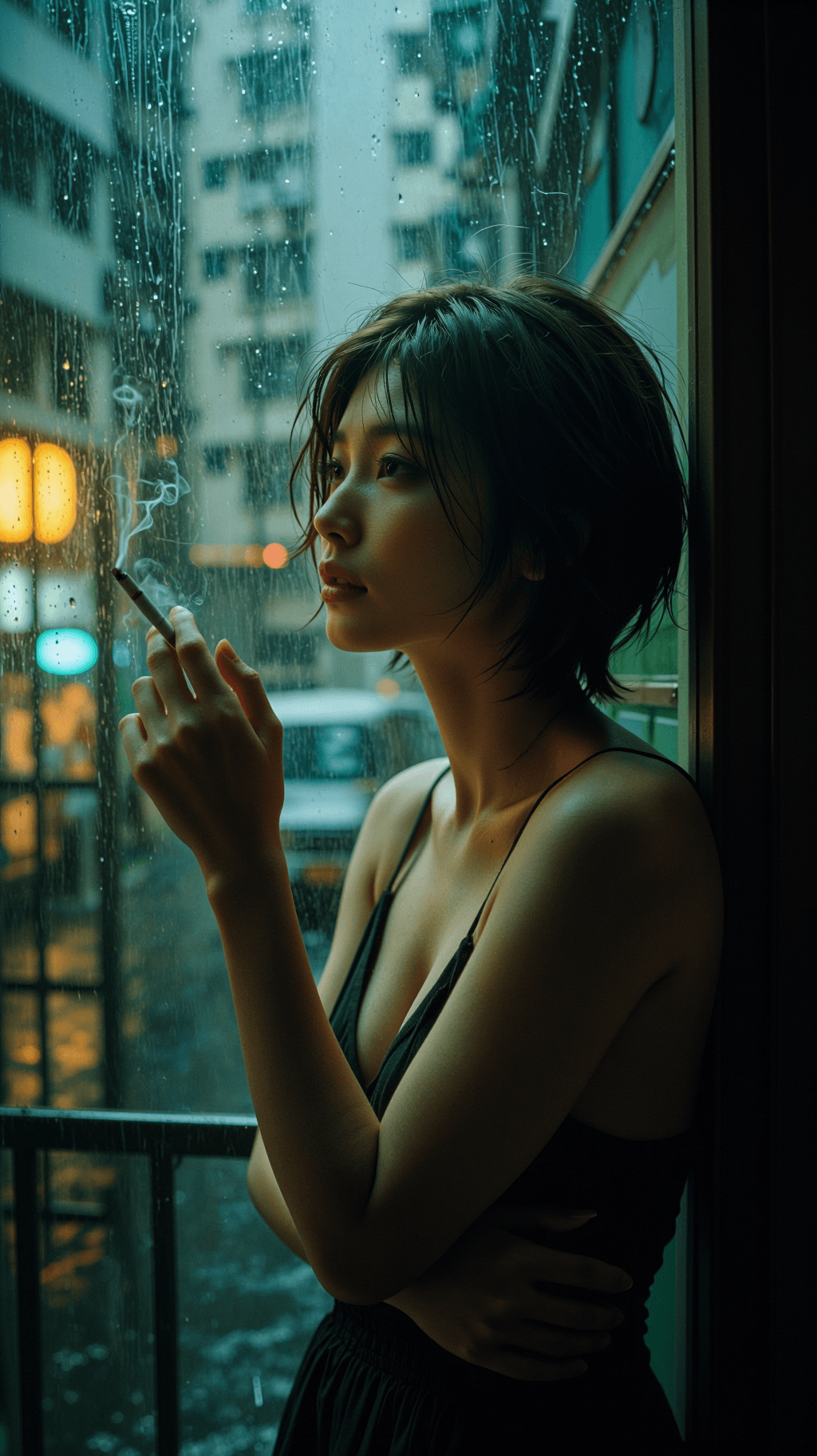 AI generated: A highly-detailed, photorealistic, cinematic medium shot of a solitary young East Asian woman standi...