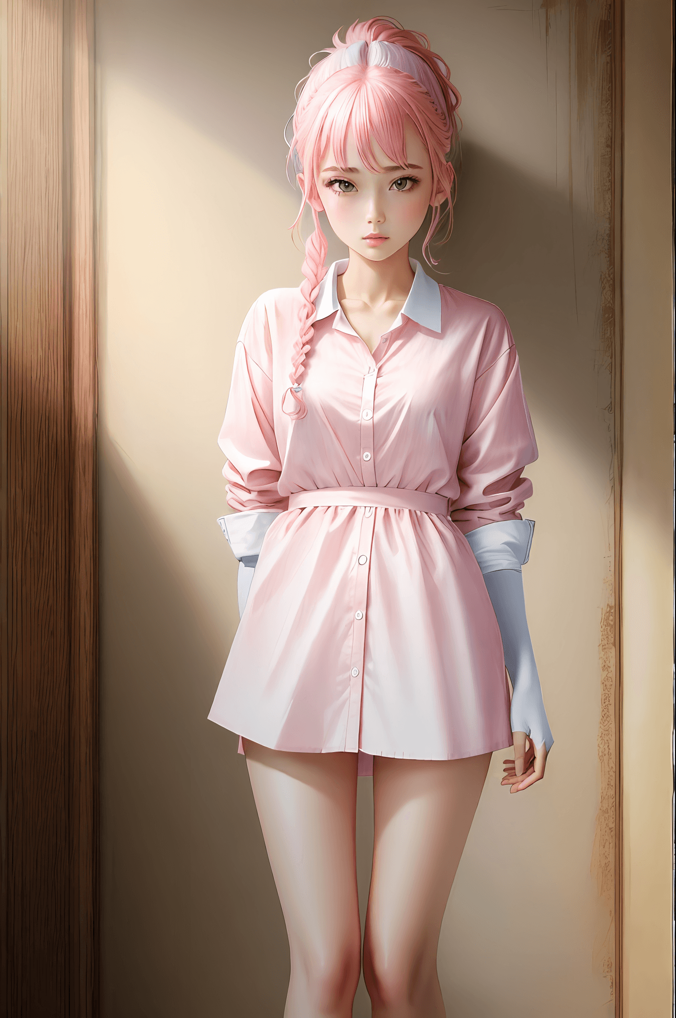AI generated: (high quality masterpiece:1.5), 1girl, pink hair, white shirt