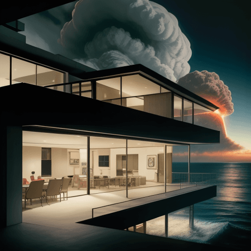 AI generated: Hyper realistic eye level exterior photo of a mid century-modern style house overlooking the ocean w...