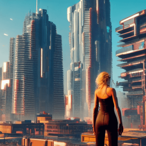 AI generated: a city with tall buildings set in cyberpunk 2077 where a blonde girl stares at the buildings holding...